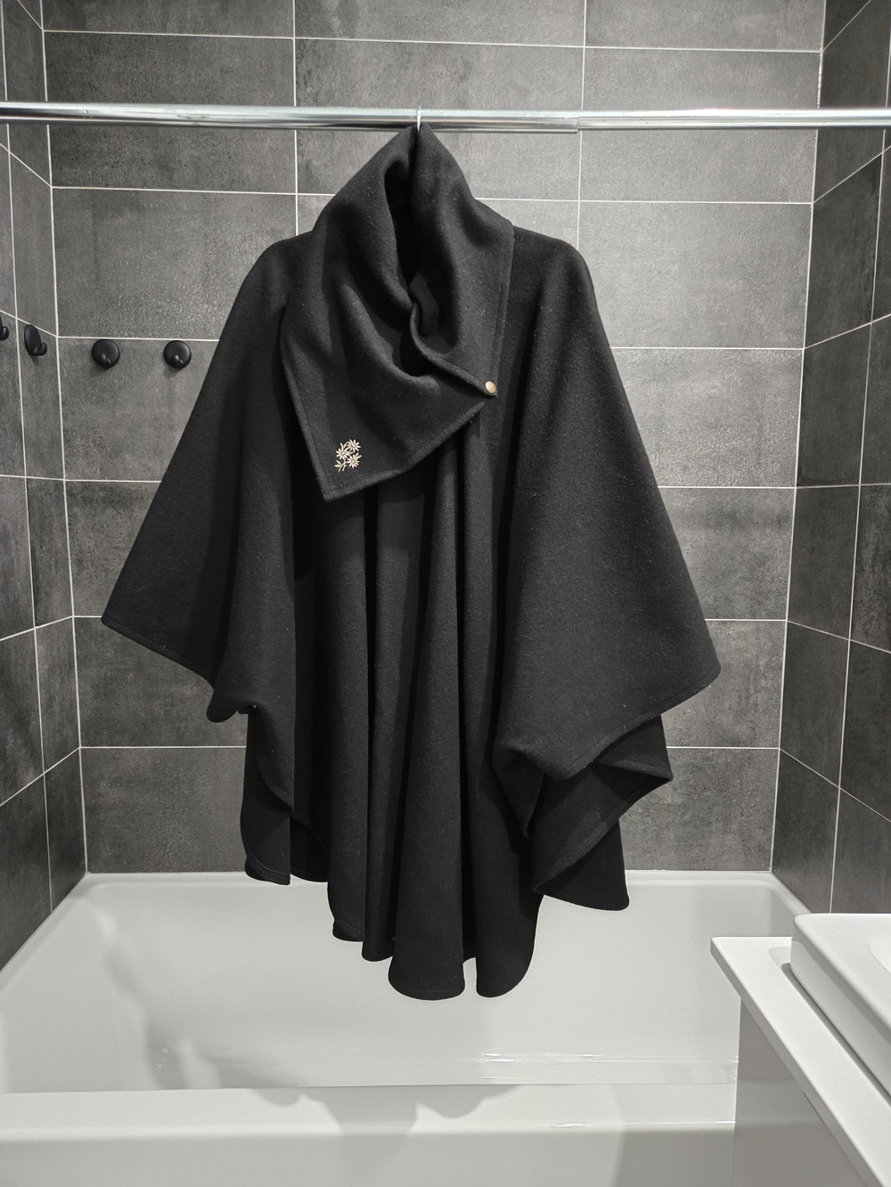 Black Wool-Look Cape with Embroidered Flower Detail